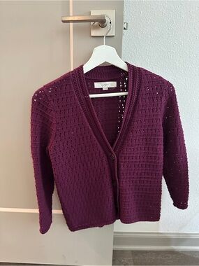 LOFT Plum Openwork V-Neck Cardigan